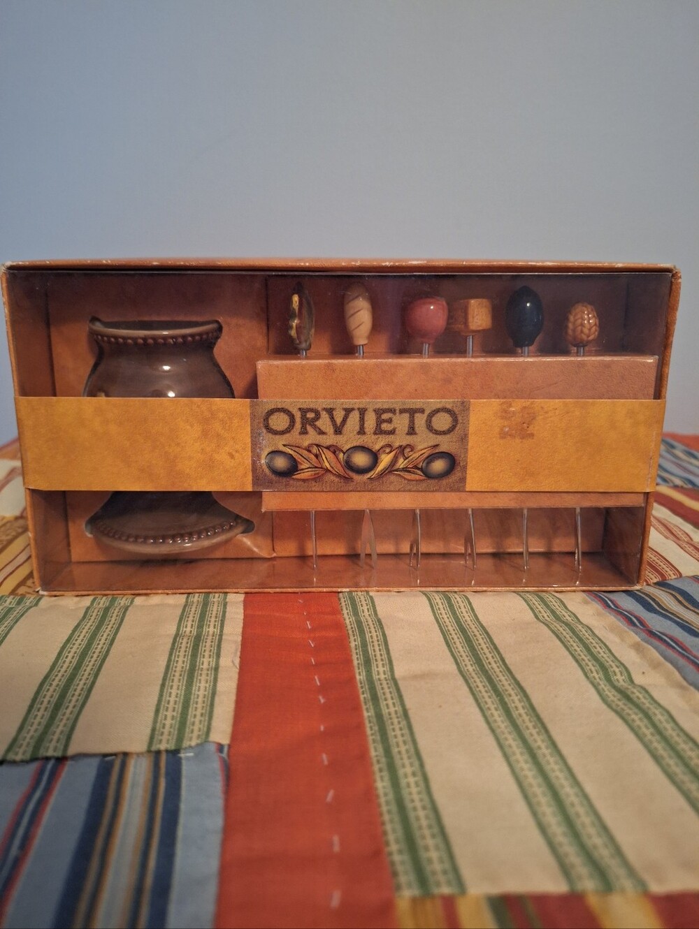 Vintage Orvieto NIB Olive Pick Set with Ceramic Dish - Brown & Tan